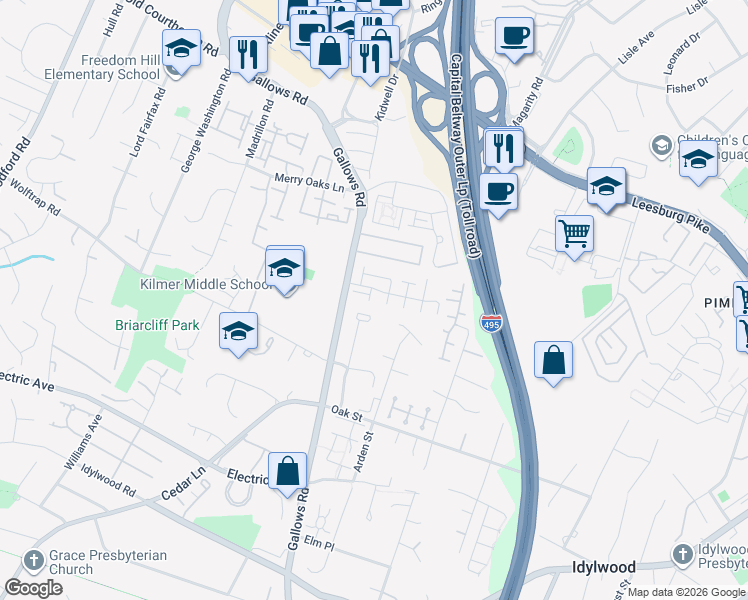 map of restaurants, bars, coffee shops, grocery stores, and more near 2107 Bermudez Court in Vienna