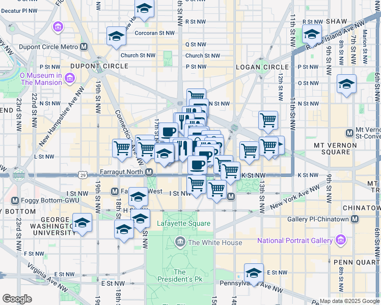 map of restaurants, bars, coffee shops, grocery stores, and more near 1100 15th Street Northwest in Washington
