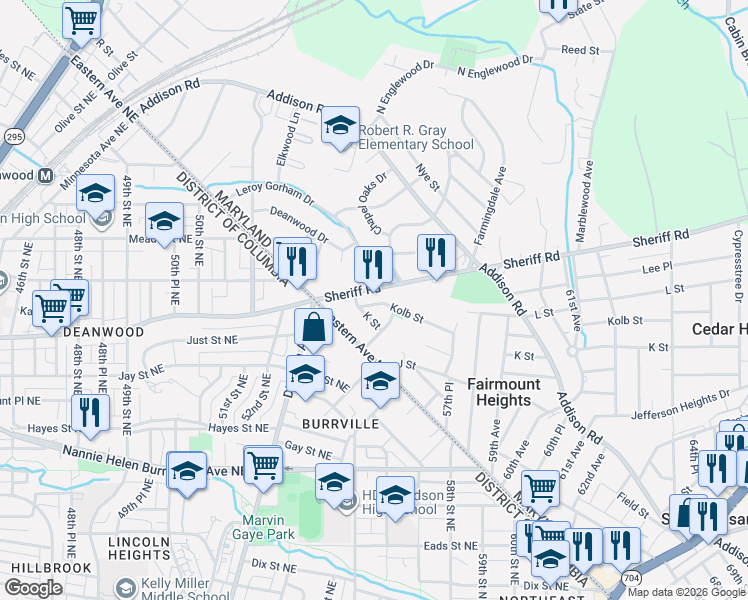 map of restaurants, bars, coffee shops, grocery stores, and more near 5337 Sheriff Road in Fairmount Heights
