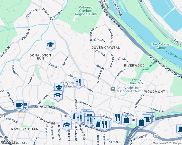 map of restaurants, bars, coffee shops, grocery stores, and more near 4031 Nelly Custis Drive in Arlington