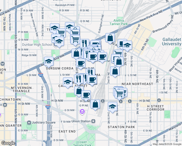 map of restaurants, bars, coffee shops, grocery stores, and more near 1100 First Street Northeast in Washington