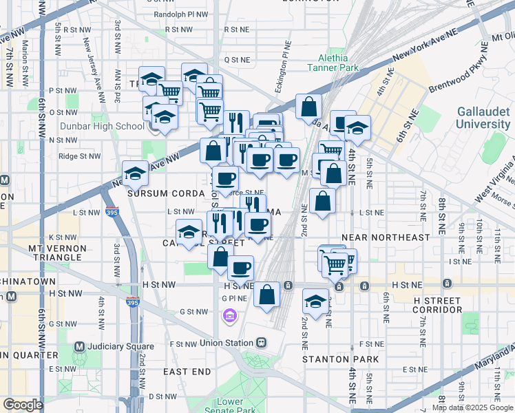 map of restaurants, bars, coffee shops, grocery stores, and more near 1100 First Street Northeast in Washington