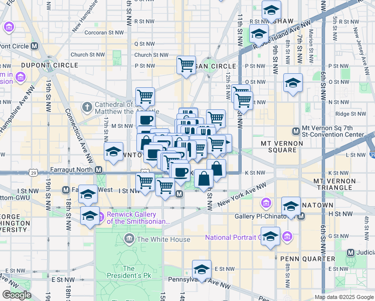 map of restaurants, bars, coffee shops, grocery stores, and more near 1101 14th Street Northwest in Washington