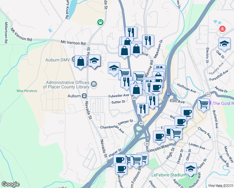 map of restaurants, bars, coffee shops, grocery stores, and more near 235 Fulweiler Avenue in Auburn