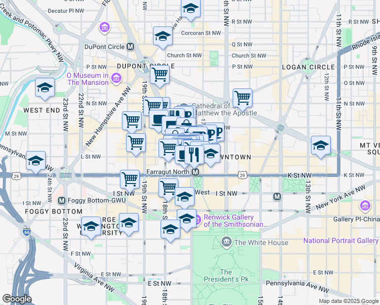 map of restaurants, bars, coffee shops, grocery stores, and more near 1101 Connecticut Avenue Northwest in Washington