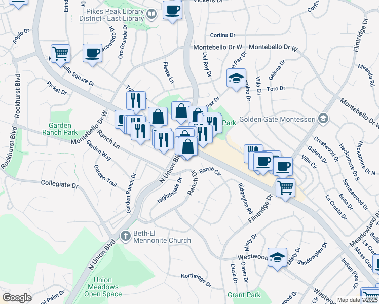 map of restaurants, bars, coffee shops, grocery stores, and more near 5046 North Academy Boulevard in Colorado Springs
