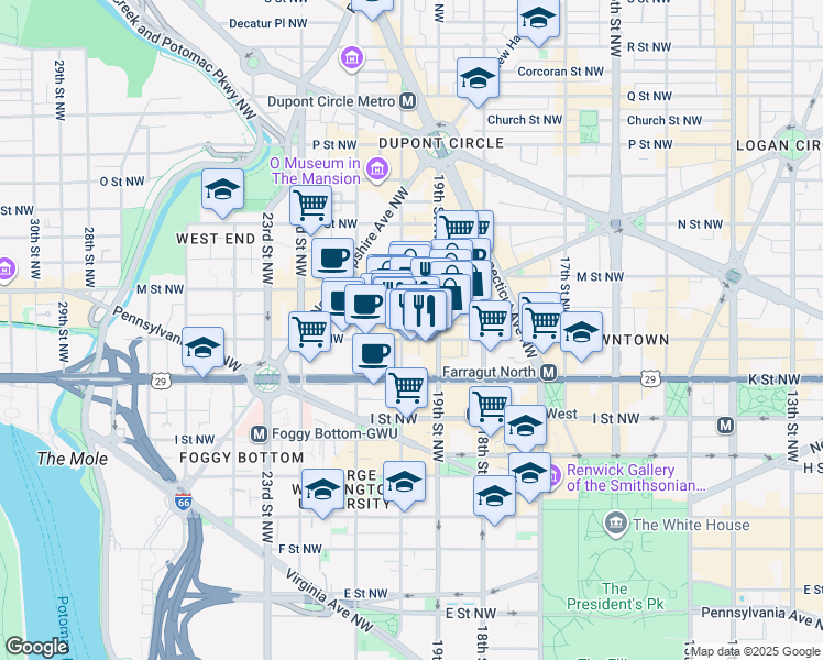 map of restaurants, bars, coffee shops, grocery stores, and more near in Washington
