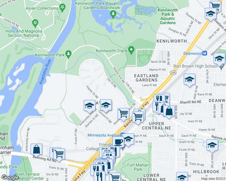 map of restaurants, bars, coffee shops, grocery stores, and more near 3751 Jay Street Northeast in Washington