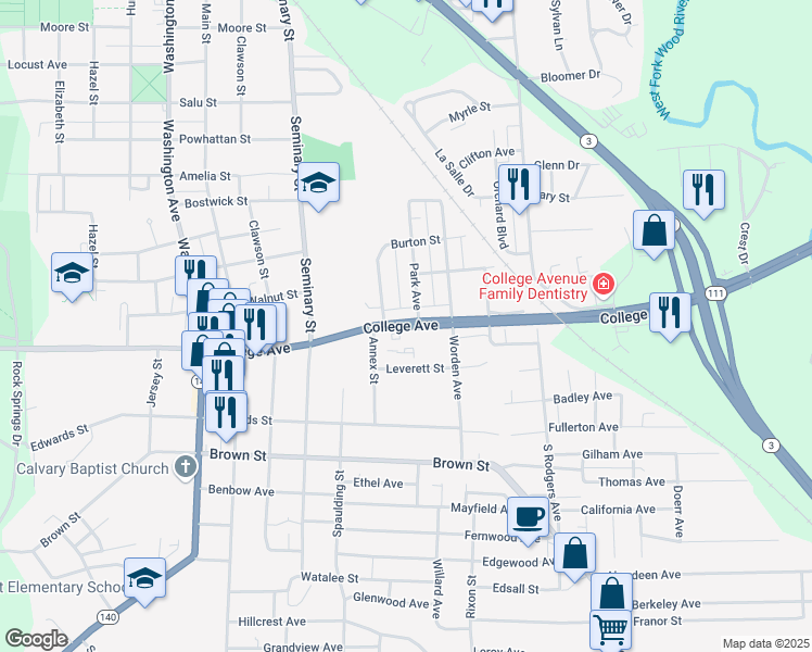 map of restaurants, bars, coffee shops, grocery stores, and more near 3027 College Avenue in Alton