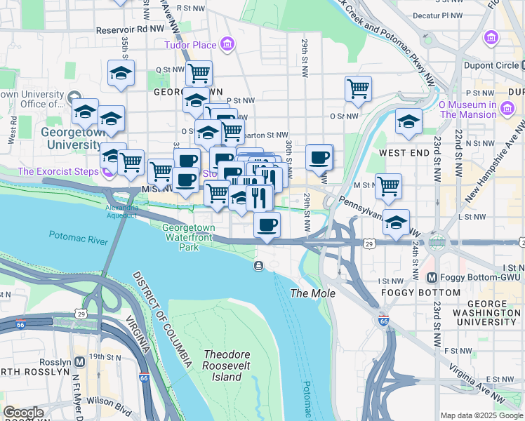map of restaurants, bars, coffee shops, grocery stores, and more near 1053 31st Street Northwest in Washington