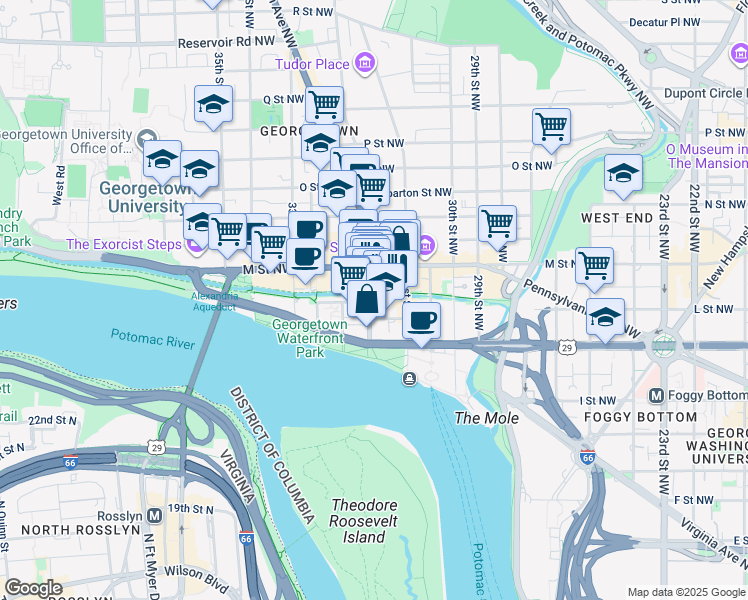 map of restaurants, bars, coffee shops, grocery stores, and more near 1055 Wisconsin Avenue Northwest in Washington