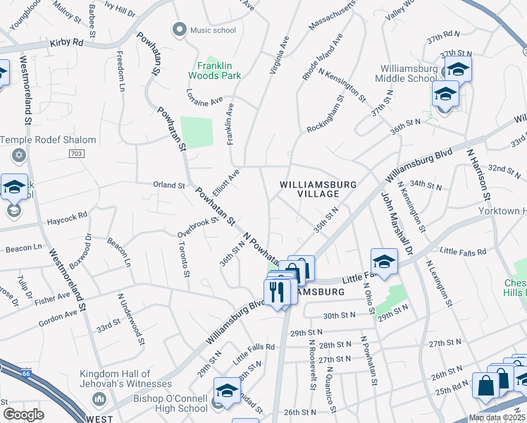 map of restaurants, bars, coffee shops, grocery stores, and more near 3626 North Rockingham Street in Arlington