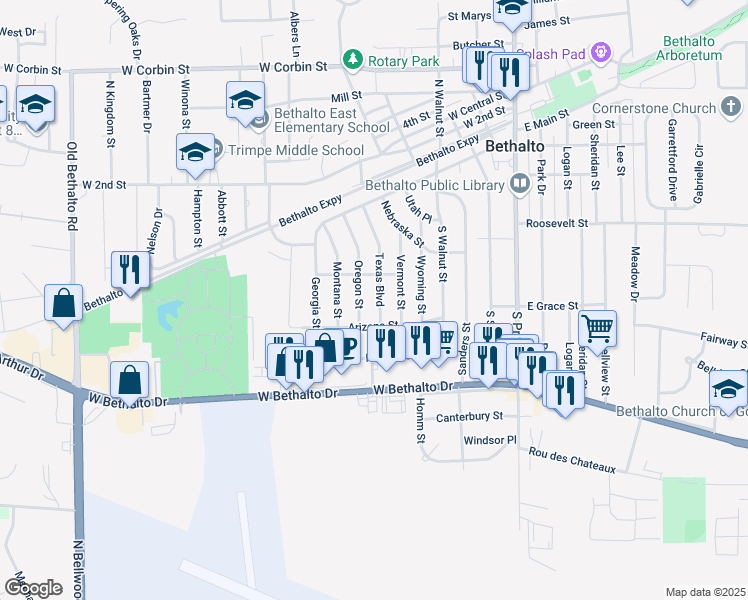 map of restaurants, bars, coffee shops, grocery stores, and more near 514 Texas Boulevard in Bethalto