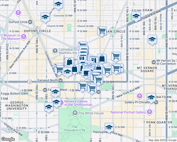 map of restaurants, bars, coffee shops, grocery stores, and more near 1101 15th Street Northwest in Washington