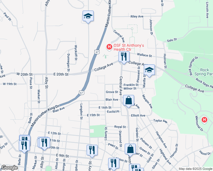 map of restaurants, bars, coffee shops, grocery stores, and more near 1821 Liberty Street in Alton