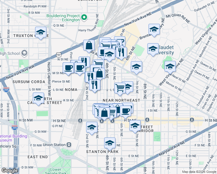 map of restaurants, bars, coffee shops, grocery stores, and more near 1109 4th Street Northeast in Washington