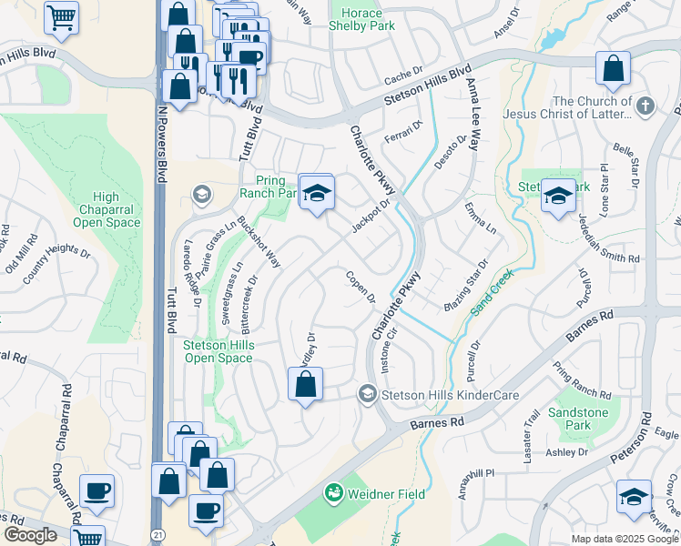 map of restaurants, bars, coffee shops, grocery stores, and more near 5009 Copen Drive in Colorado Springs