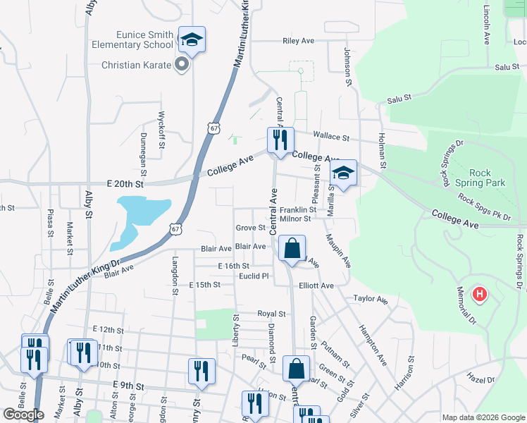 map of restaurants, bars, coffee shops, grocery stores, and more near 823 Franklin Street in Alton