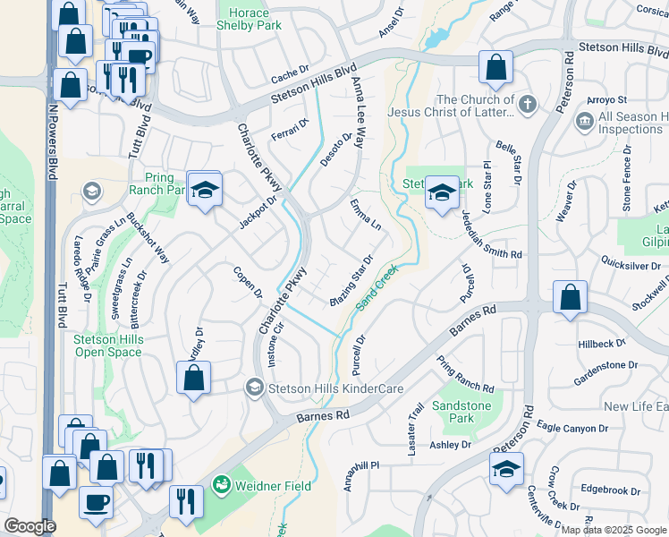 map of restaurants, bars, coffee shops, grocery stores, and more near 6175 Marbleton Court in Colorado Springs