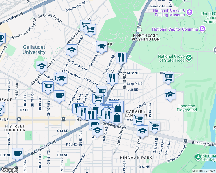 map of restaurants, bars, coffee shops, grocery stores, and more near 1609 Levis Street Northeast in Washington