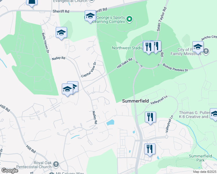 map of restaurants, bars, coffee shops, grocery stores, and more near 7819 Michele Drive in Prince George's County
