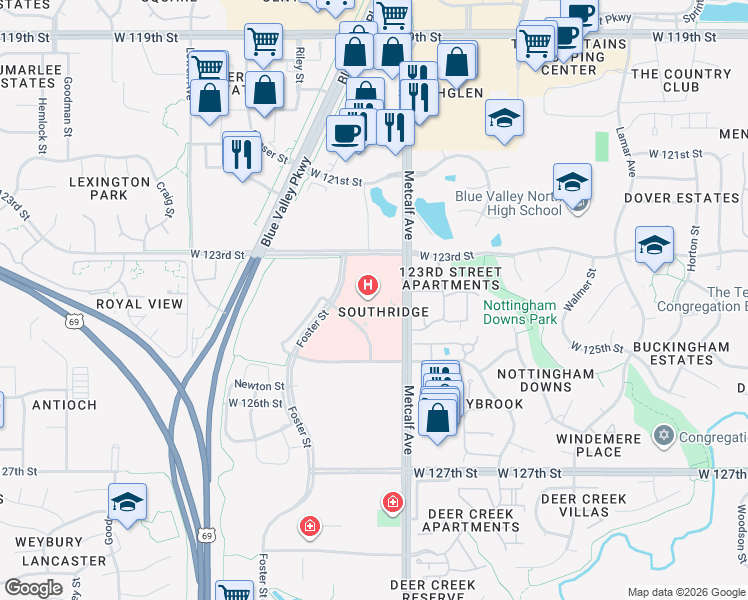 map of restaurants, bars, coffee shops, grocery stores, and more near 12300 Metcalf Avenue in Overland Park