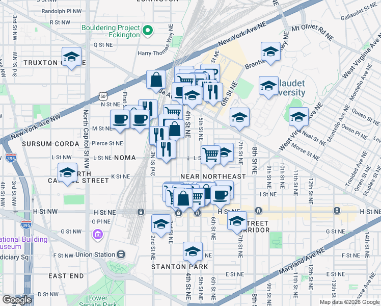 map of restaurants, bars, coffee shops, grocery stores, and more near 101 Independence Avenue Southeast in Washington