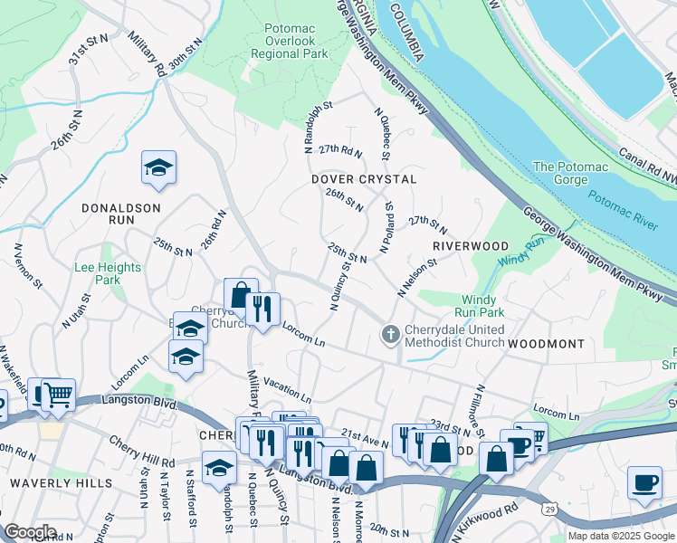 map of restaurants, bars, coffee shops, grocery stores, and more near 2400 North Quincy Street in Arlington