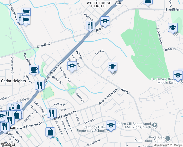 map of restaurants, bars, coffee shops, grocery stores, and more near 6700 Central Hills Terrace in Prince George's County