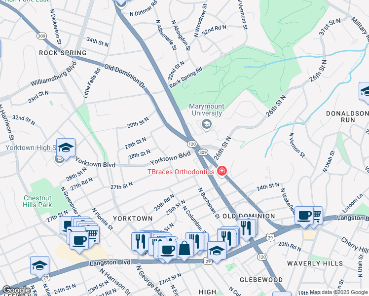 map of restaurants, bars, coffee shops, grocery stores, and more near 4797 Yorktown Boulevard in Arlington