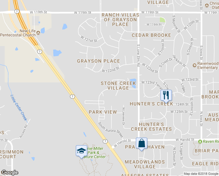 map of restaurants, bars, coffee shops, grocery stores, and more near 12396 South Prairie Creek Road in Olathe