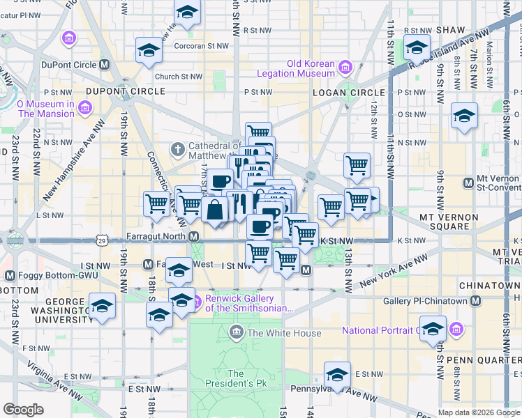 map of restaurants, bars, coffee shops, grocery stores, and more near 1100 15th Street Northwest in Washington