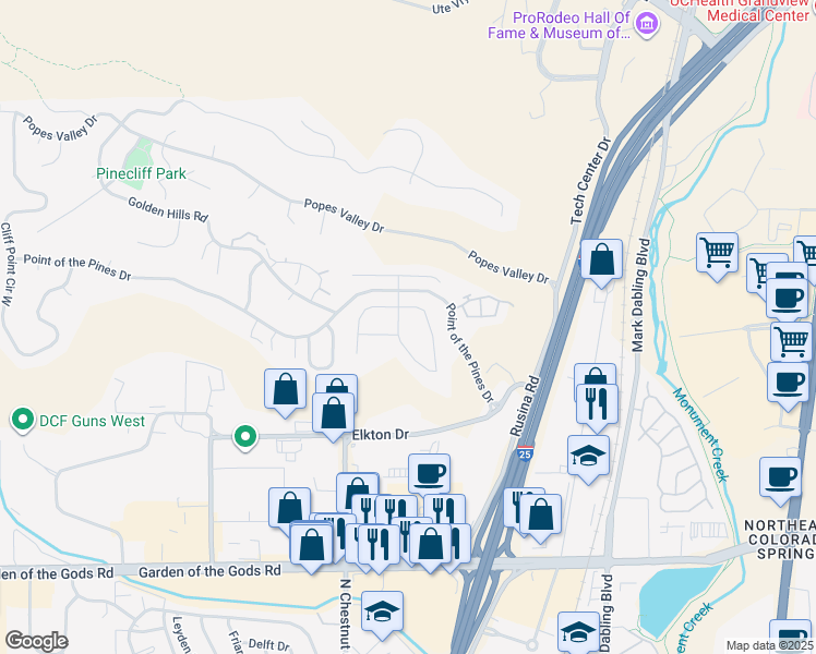 map of restaurants, bars, coffee shops, grocery stores, and more near 5005 Sunbird Cliffs Drive in Colorado Springs
