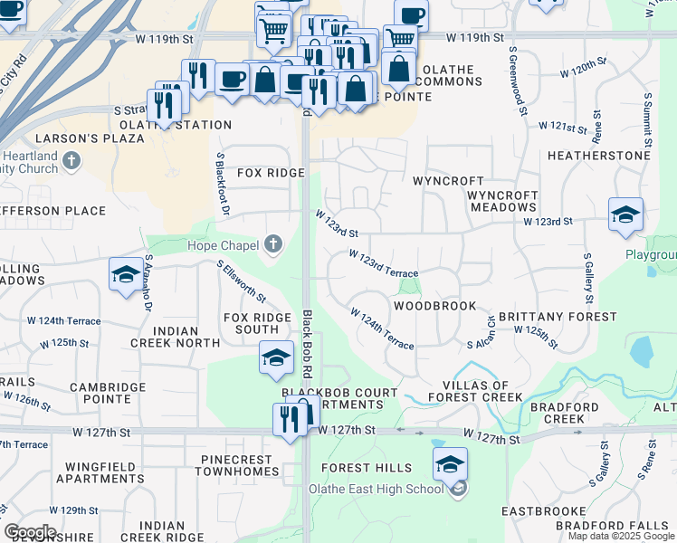 map of restaurants, bars, coffee shops, grocery stores, and more near 15020 W 124th St in Olathe