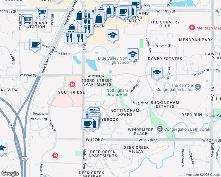 map of restaurants, bars, coffee shops, grocery stores, and more near 12509 Walmer Street in Leawood