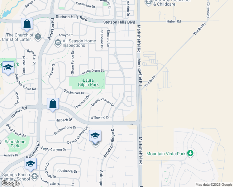 map of restaurants, bars, coffee shops, grocery stores, and more near 4941 Dunecrest Drive in Colorado Springs