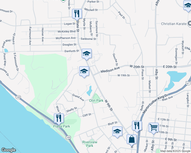 map of restaurants, bars, coffee shops, grocery stores, and more near 1333 State Street in Alton