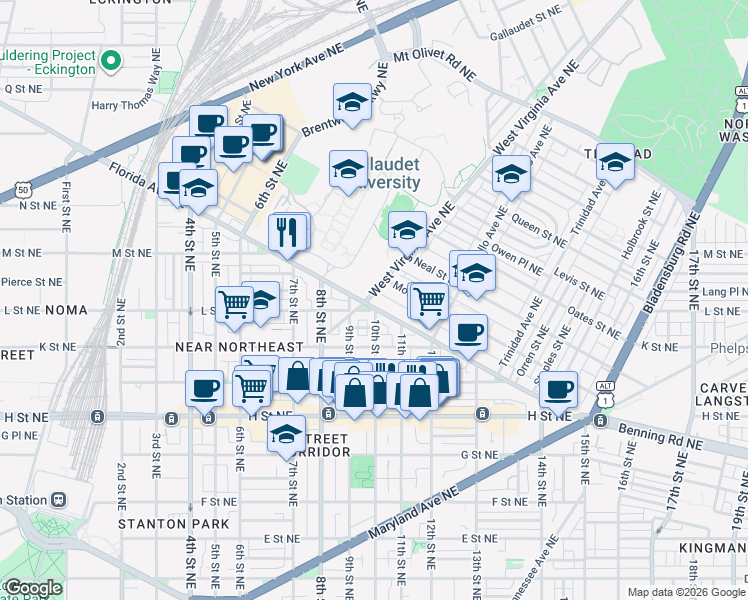 map of restaurants, bars, coffee shops, grocery stores, and more near 101 Independence Avenue Southeast in Washington