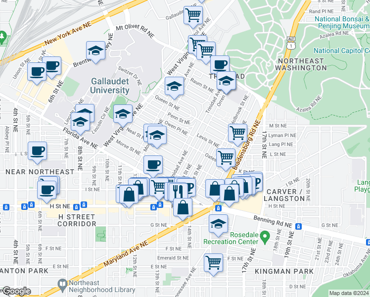 map of restaurants, bars, coffee shops, grocery stores, and more near 1324 Trinidad Avenue Northeast in Washington