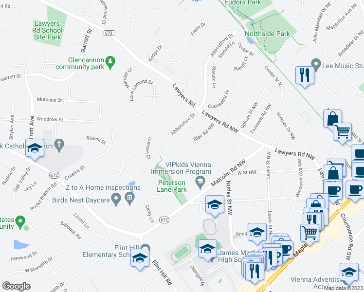 map of restaurants, bars, coffee shops, grocery stores, and more near 426 Blair Road Northwest in Vienna