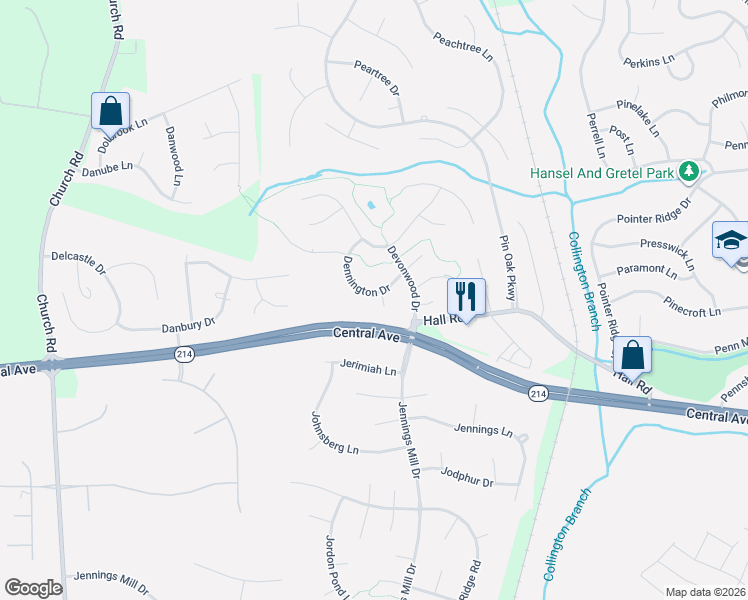 map of restaurants, bars, coffee shops, grocery stores, and more near 14925 Dennington Drive in Bowie