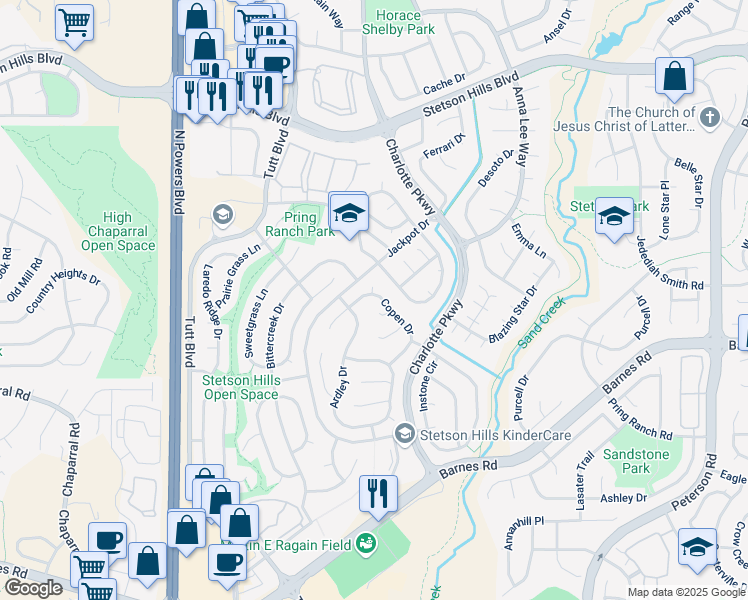 map of restaurants, bars, coffee shops, grocery stores, and more near 5009 Copen Drive in Colorado Springs