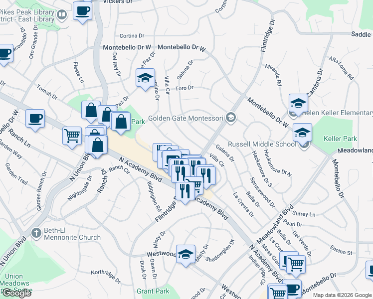 map of restaurants, bars, coffee shops, grocery stores, and more near 4919 Sonata Drive in Colorado Springs