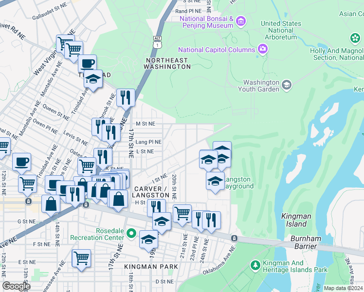 map of restaurants, bars, coffee shops, grocery stores, and more near 101 Independence Avenue Southeast in Washington