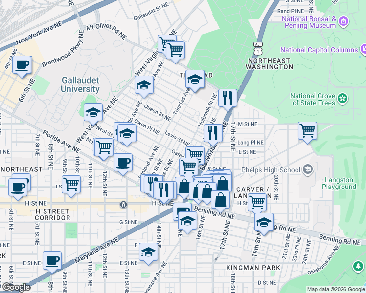 map of restaurants, bars, coffee shops, grocery stores, and more near 101 Independence Avenue Southeast in Washington