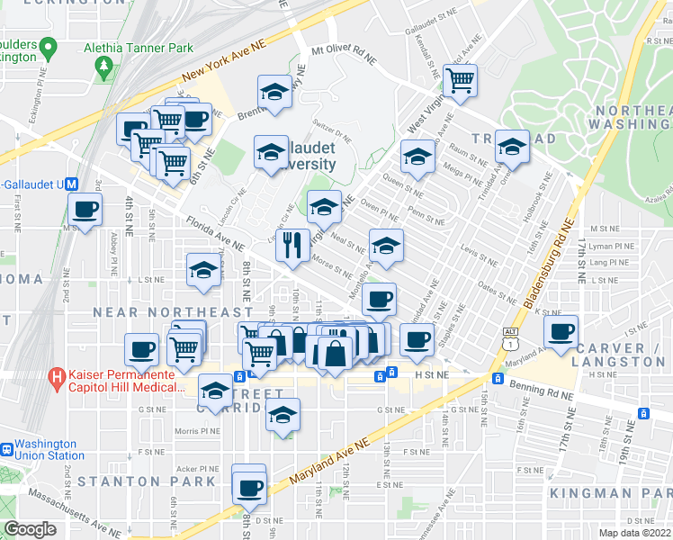 map of restaurants, bars, coffee shops, grocery stores, and more near 1159 Morse Street Northeast in Washington