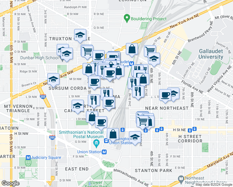 map of restaurants, bars, coffee shops, grocery stores, and more near 101 Independence Avenue Southeast in Washington