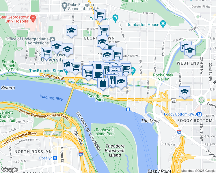 map of restaurants, bars, coffee shops, grocery stores, and more near 3225 Grace Street Northwest in Washington