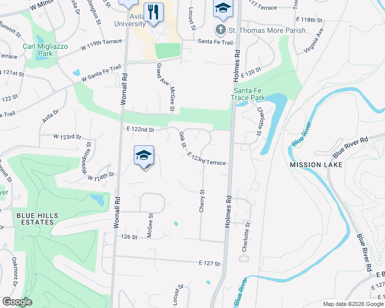 map of restaurants, bars, coffee shops, grocery stores, and more near 12308 East 123rd Terrace in Kansas City