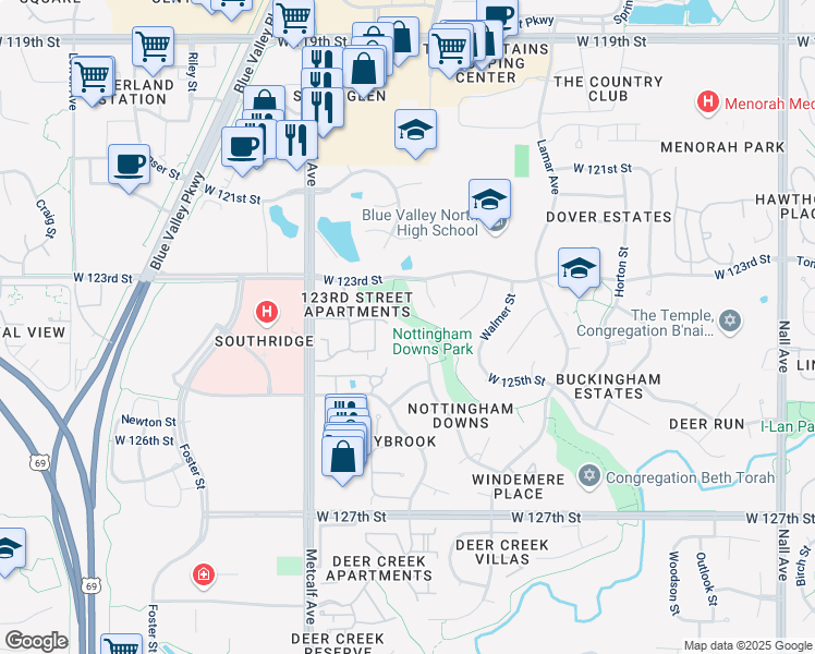 map of restaurants, bars, coffee shops, grocery stores, and more near 12509 Walmer Street in Leawood